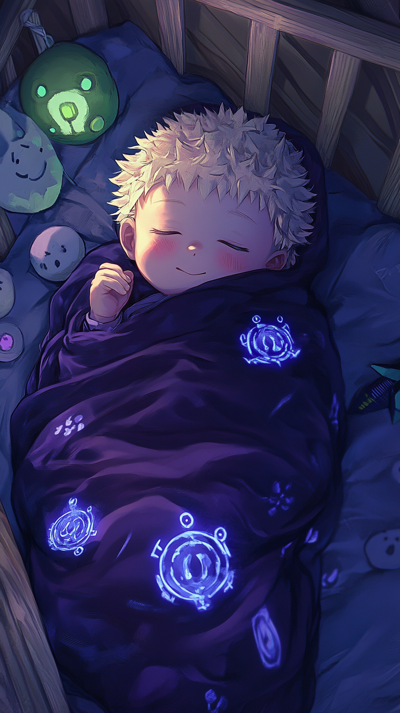 Sleeping Baby Sukuna in cozy crib with plush toys.