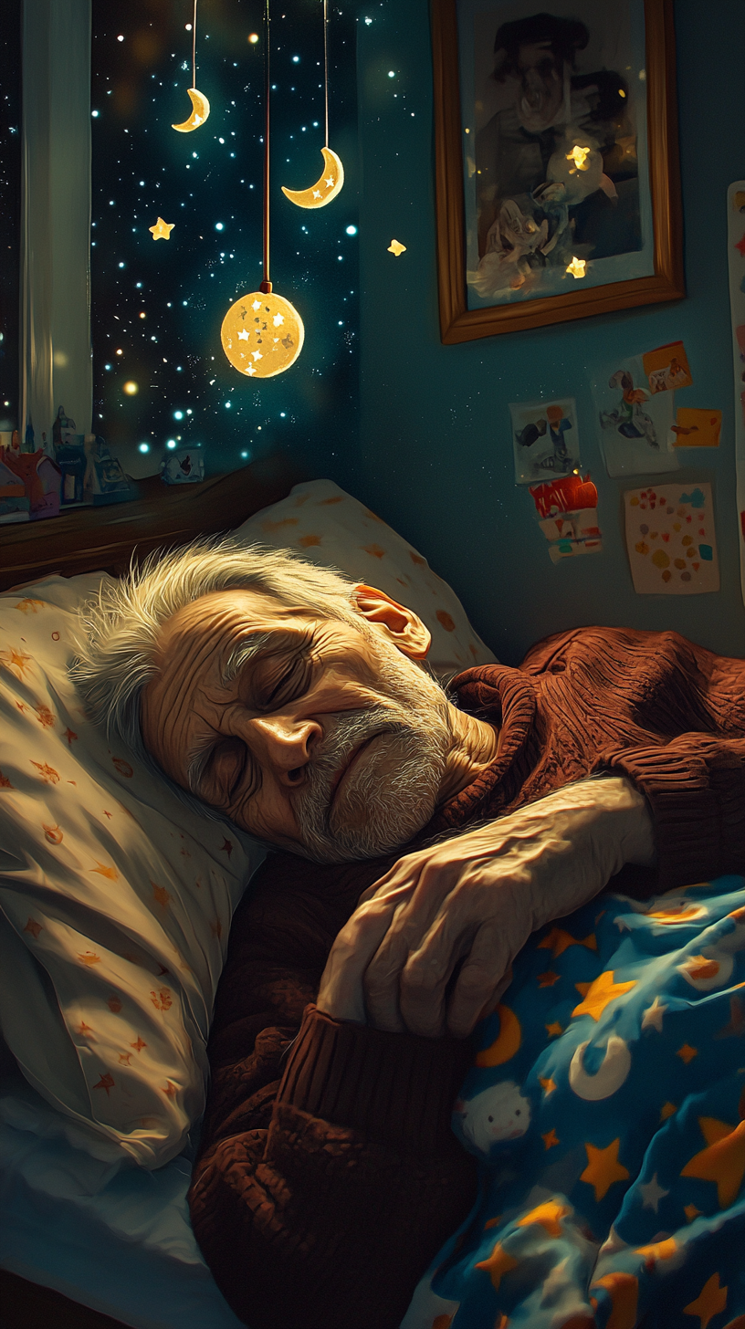 Sleeping Grandpa in Cartoon Bedroom under Moon Stars