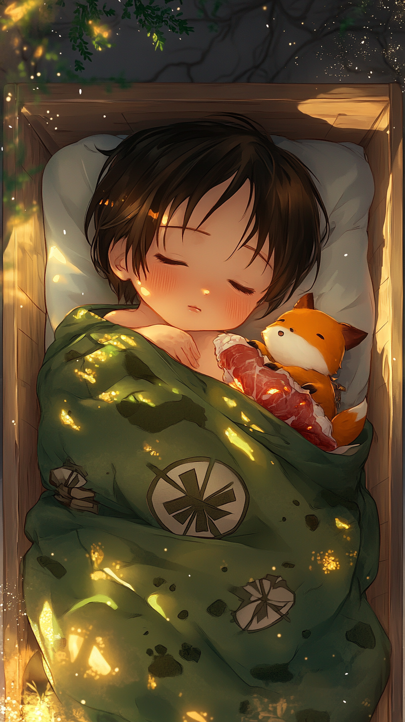 Sleeping baby Eren in cute 'uwu' style with plushies.