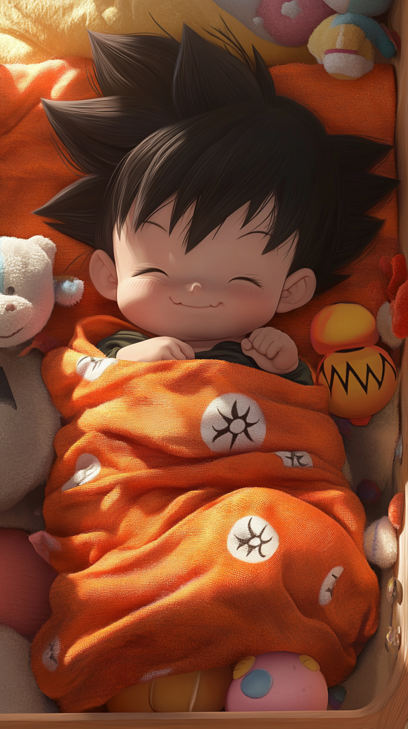 Sleeping baby Goku in cute crib with plush toys.