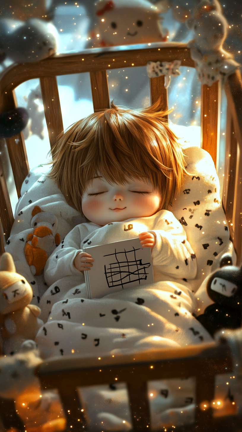 Sleeping baby Light Yagami with plush Death Note toys.