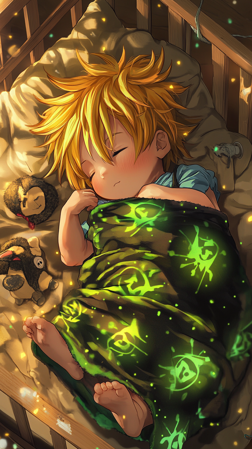 Sleeping baby Meliodas, surrounded by cute plush toys.