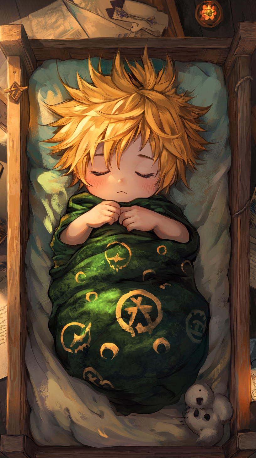 Sleeping baby Meliodas in chibi style, cuddling plush sword.