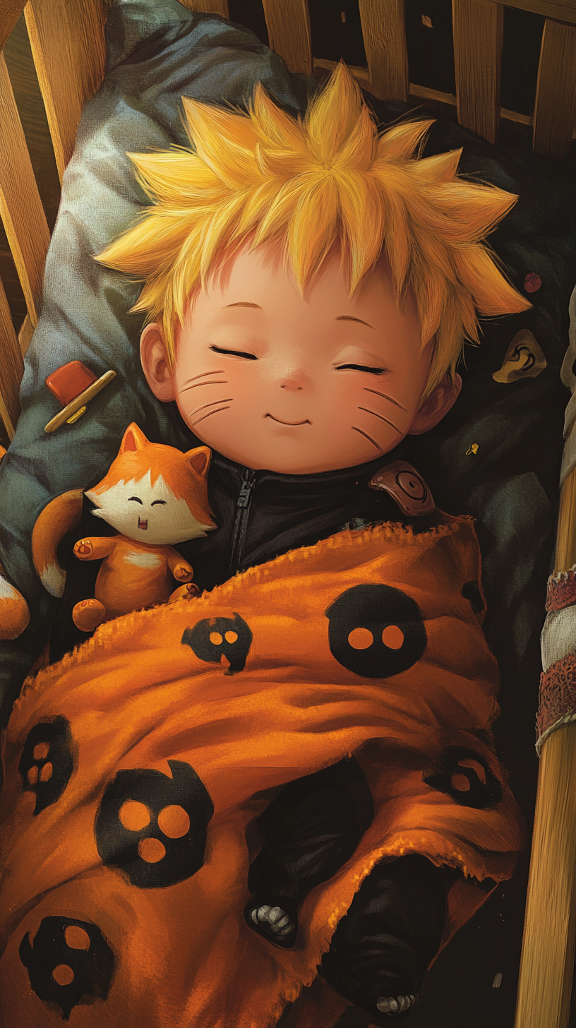 Sleeping baby Naruto cuddling with plush Kyubi toy.