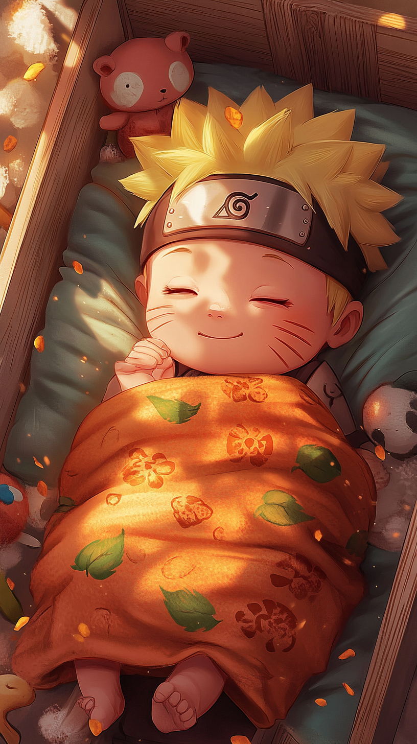 Sleeping baby Naruto in cute crib surrounded by toys.