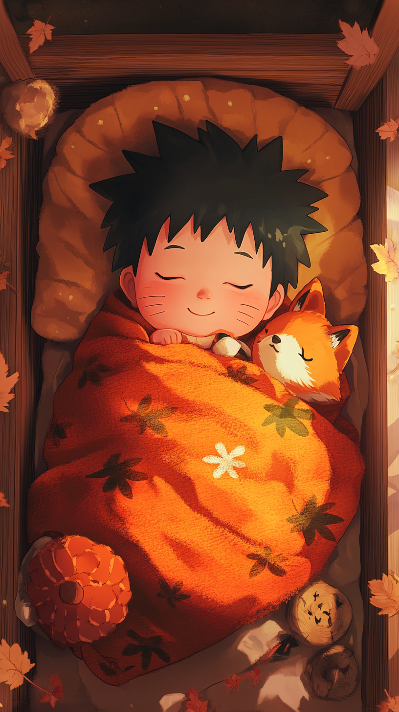 Sleeping baby Naruto surrounded by soft plush toys.