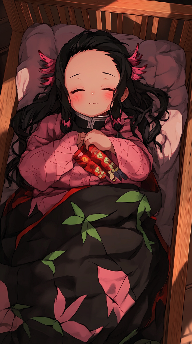 Sleeping baby Nezuko in cute crib surrounded by plush toys.