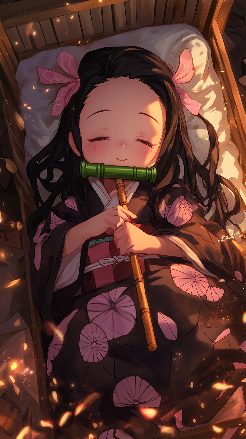 Sleeping baby Nezuko in cute crib with demon symbols.