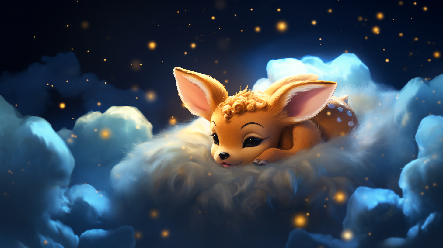 Sleeping baby deer on clouds in Disney style.