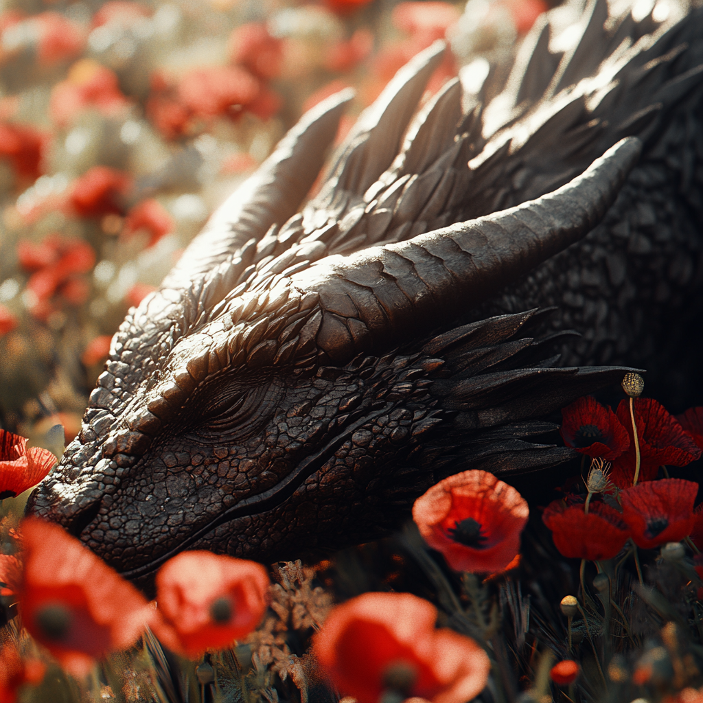 Sleeping black dragon in meadow with poppies, sunlight.