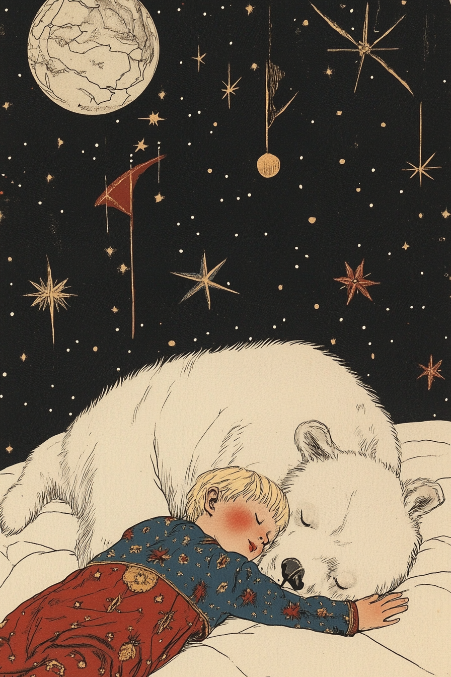 Sleeping boy and bear Slavic art style