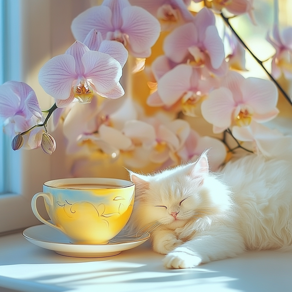 Sleepy cat by colorful coffee cup and flowers