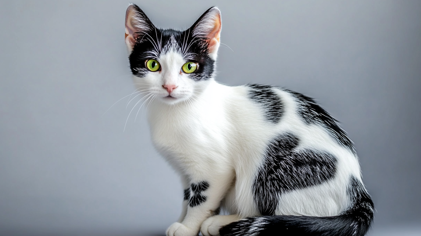 Slender domestic cat with beautiful green eyes, spotted fur.