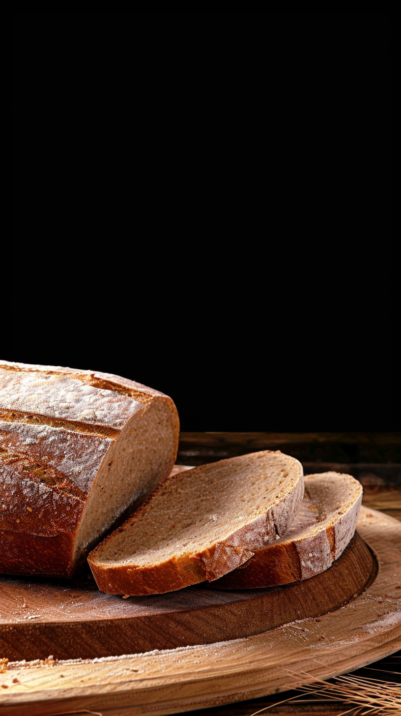 Sliced sourdough bread on wooden board, dark background