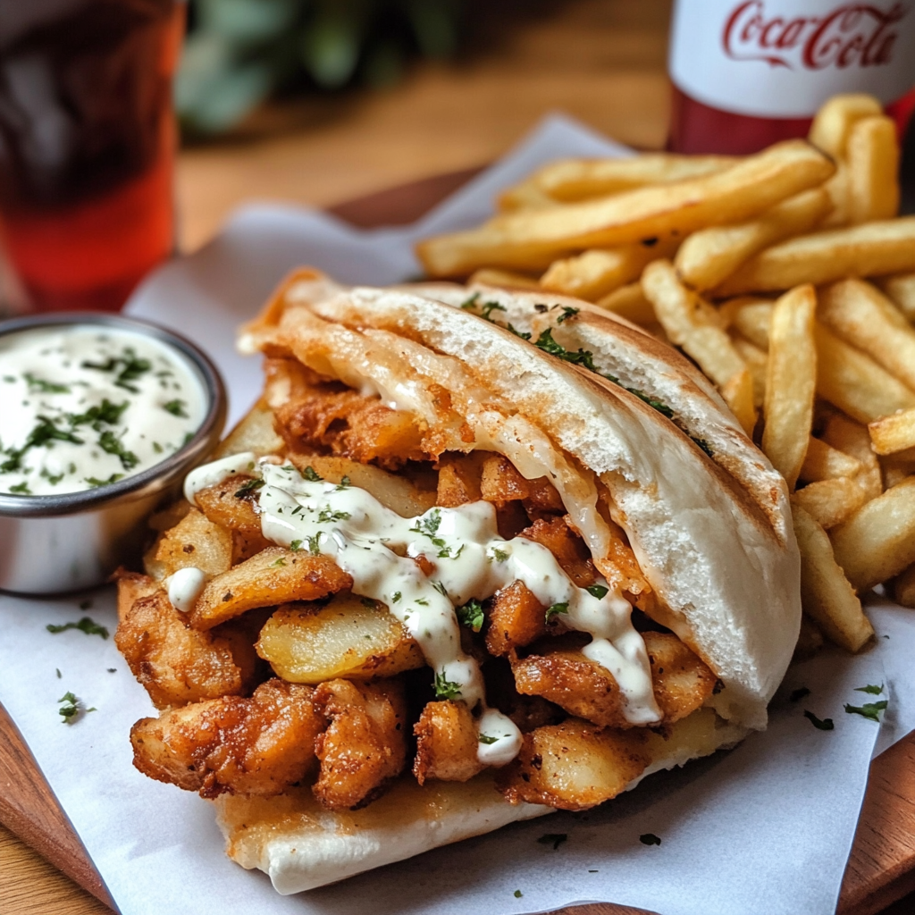 Sliced tacos sandwich with fries and Coca-Cola drink.