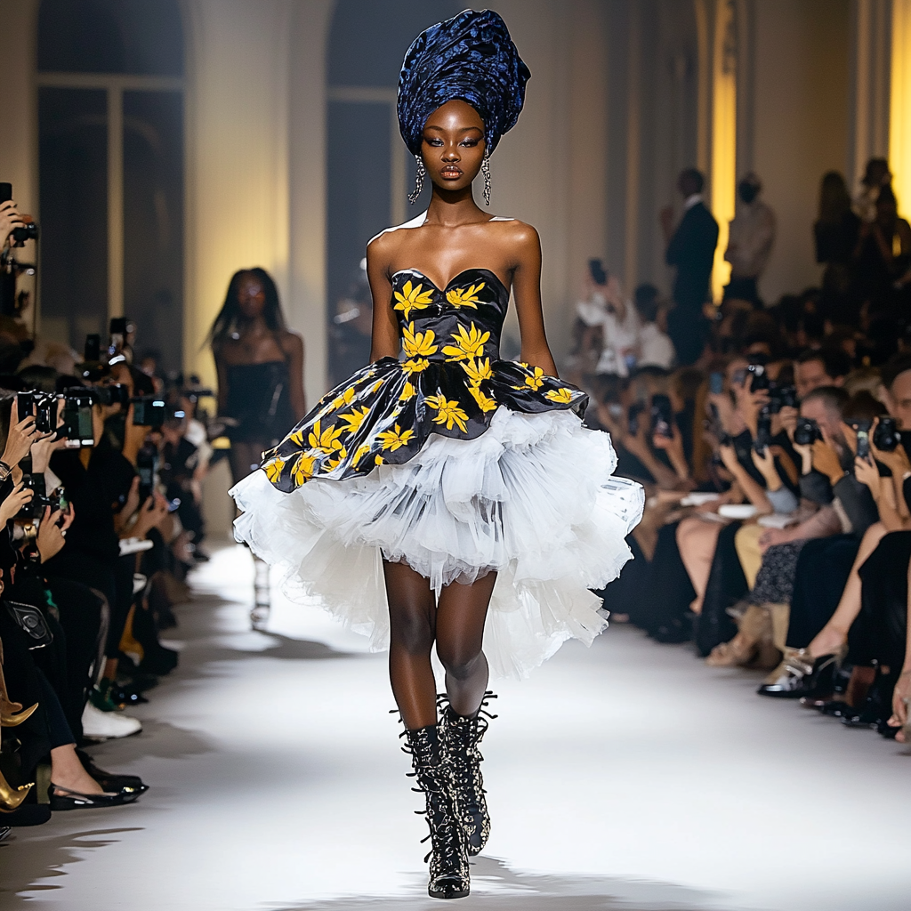 Slim black woman model in black and white outfit walking on fashion runway surrounded by photographers and audience members.