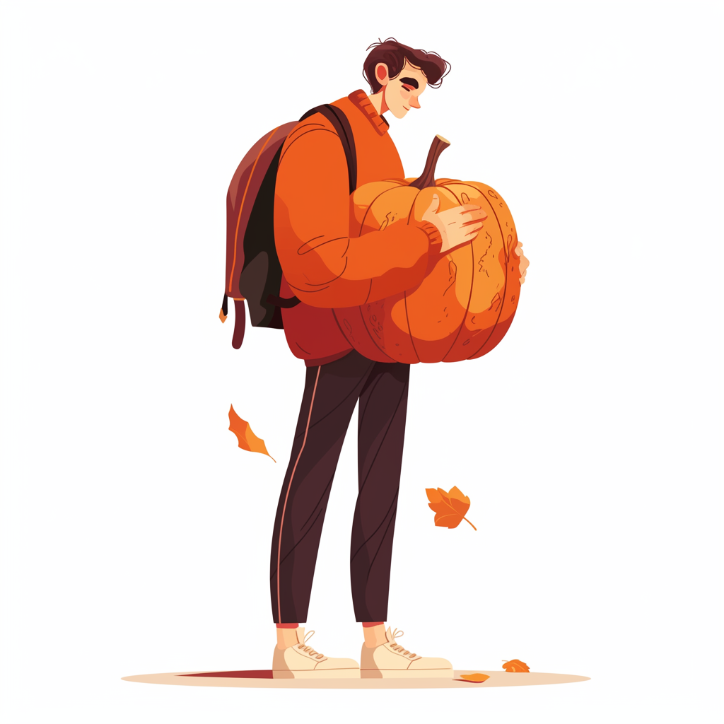 Slim man in costume holding pumpkin, looking around.