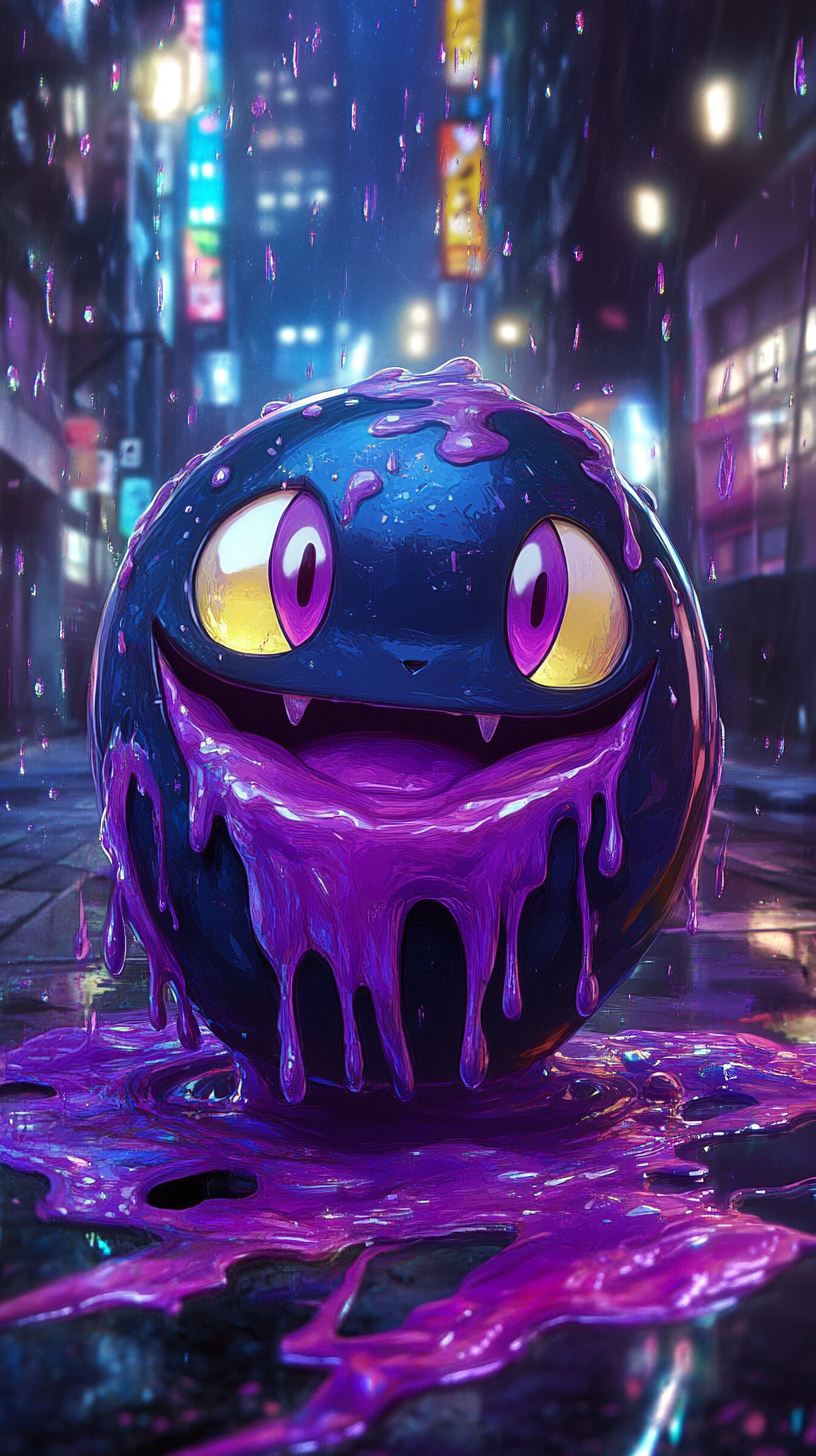 Slime creature hatching from shiny, glowing egg in city.