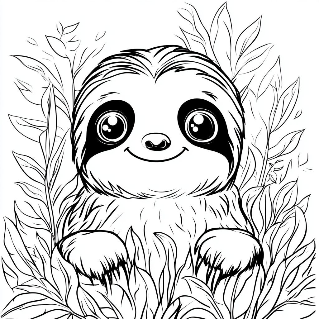 Sloth with big head, eyes in nature illustration page