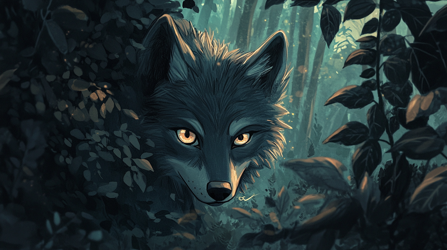 Sly, fluffy Wolf peeks from bush in deep forest.