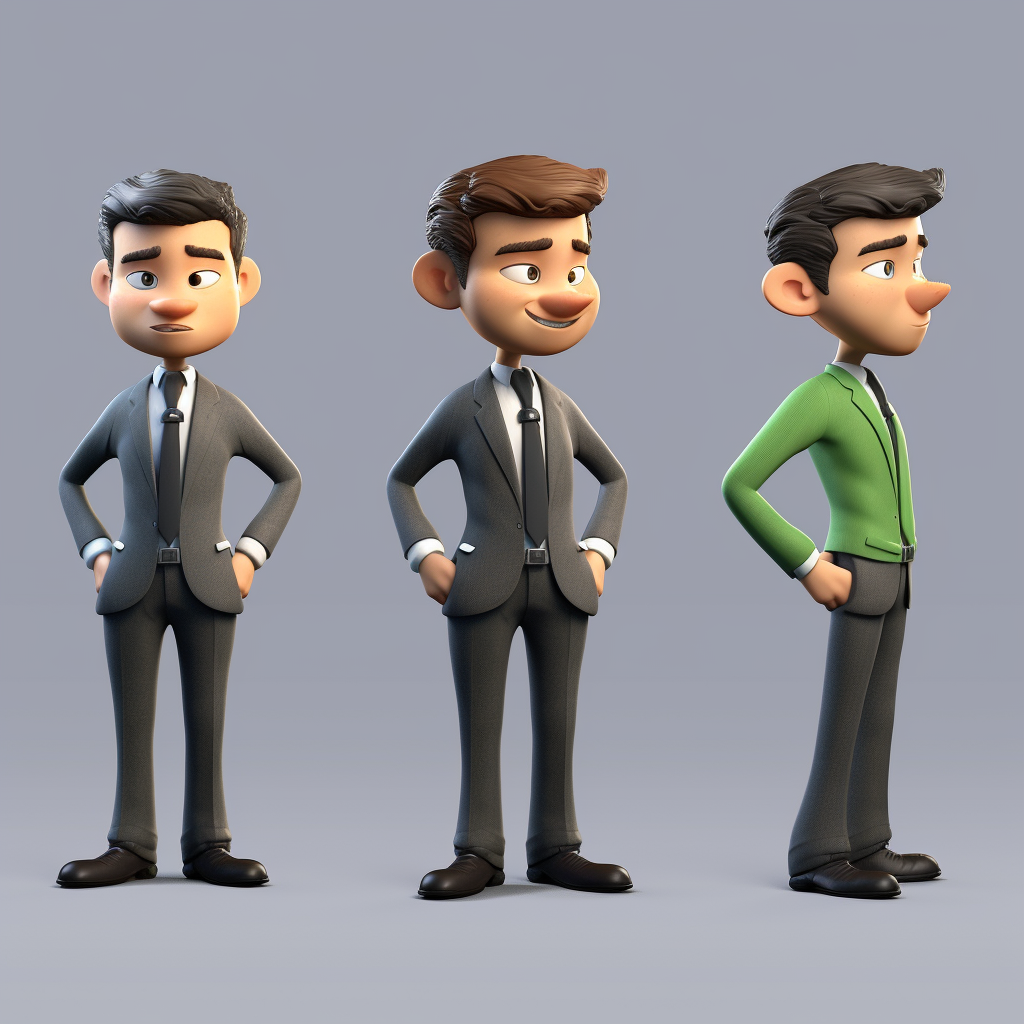 Sly male in suit in three views.