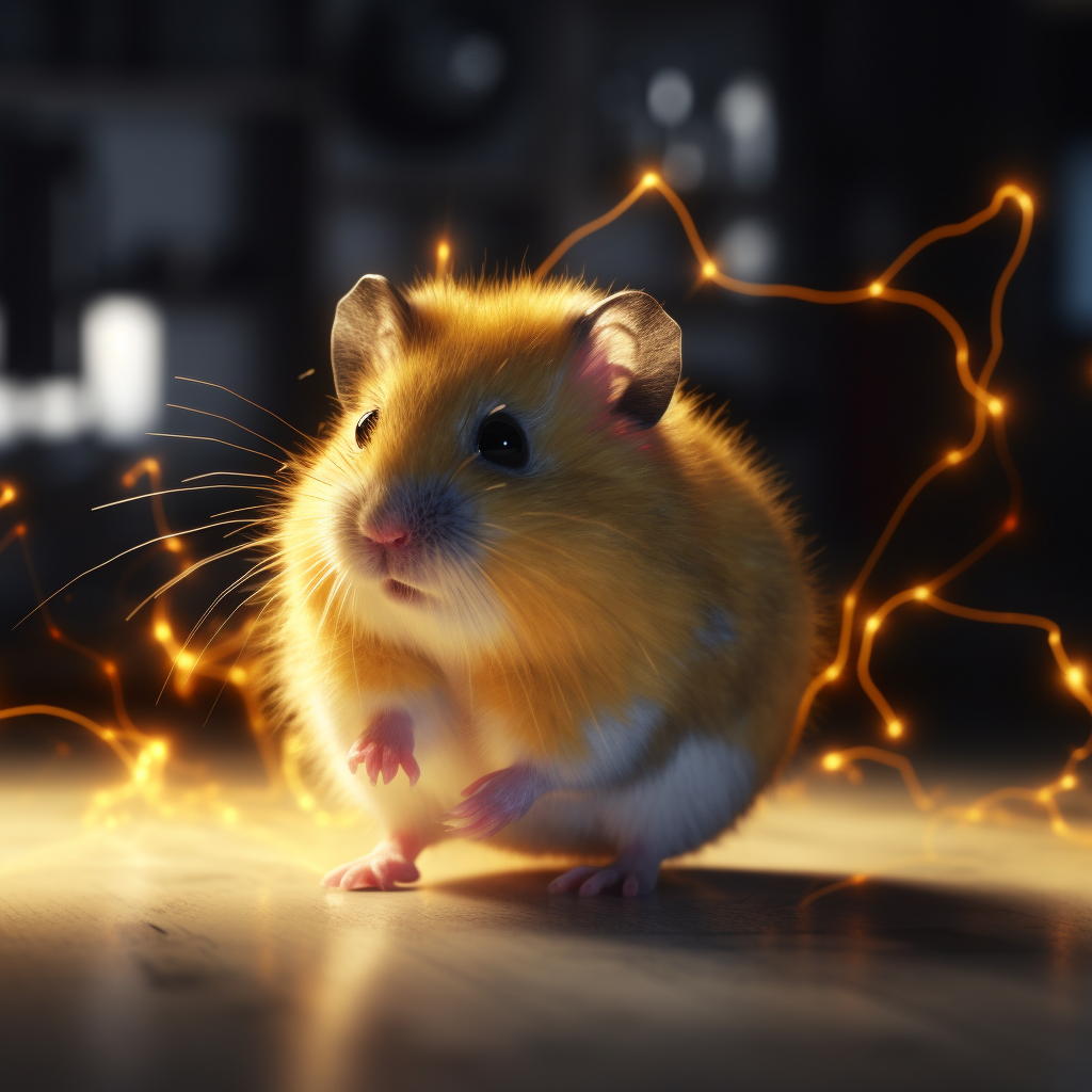 Small, energetic hamster emits electricity with large tail.