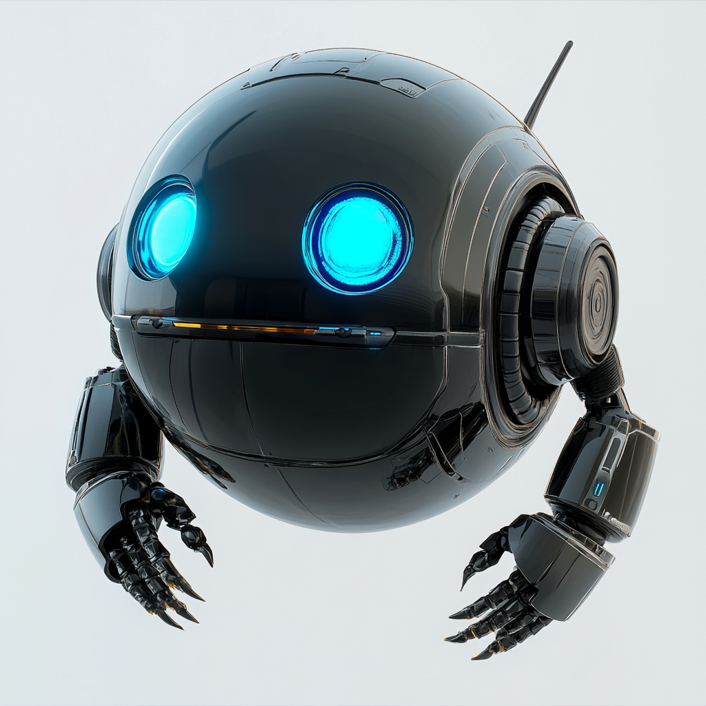 Small, floating robot with futuristic design and tools for exploration.