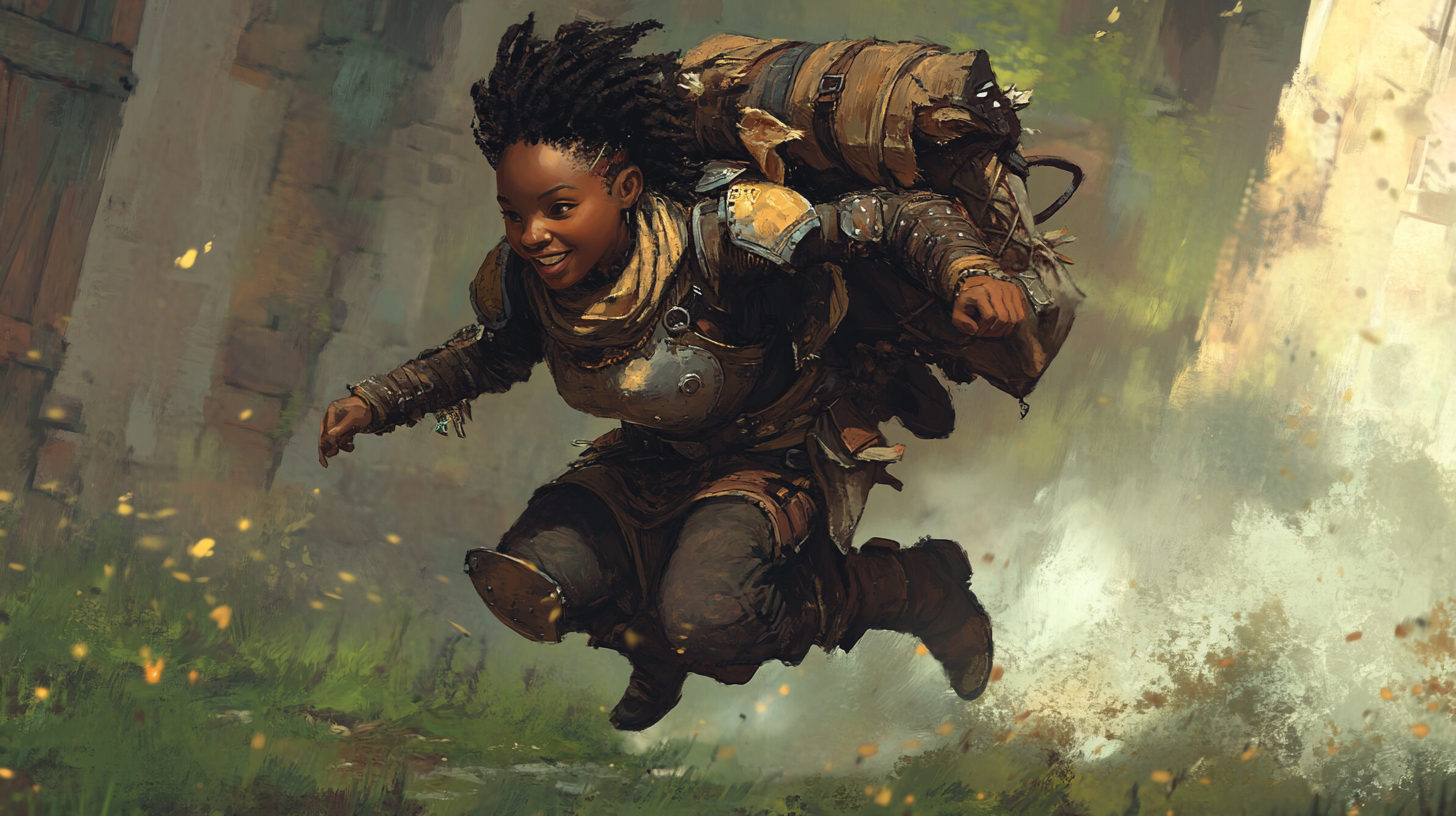 Small African American Halfling in Cleric Armour Running