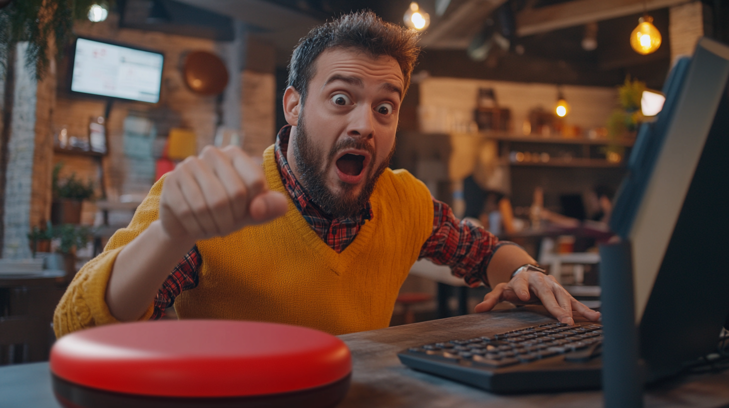 Small Business Owner Shocked Pressing Red Start Button