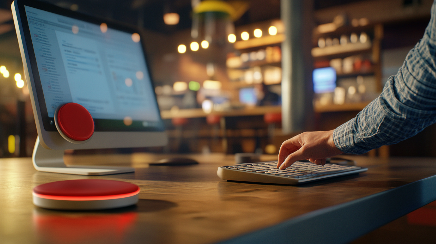 Small Business Owner in Restaurant Presses Red Start Button