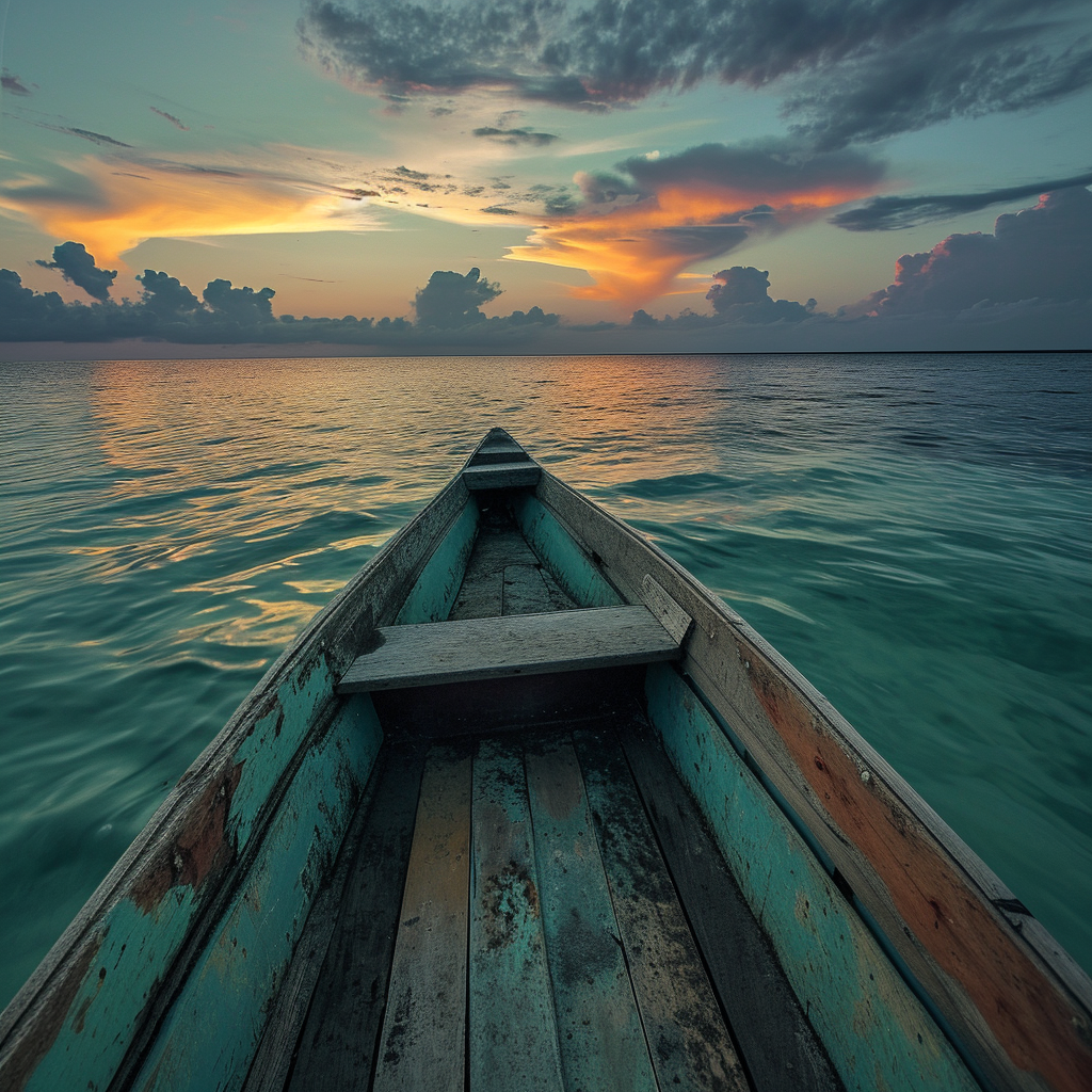 Wooden boat floating in Caribbean waters at dawn