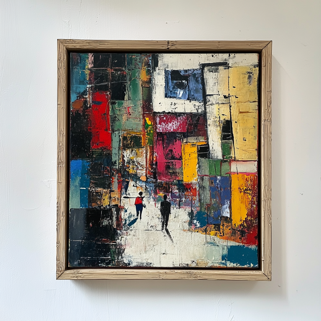 Small abstract city painting with man on wall.