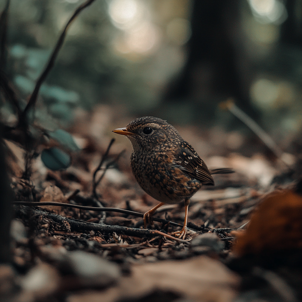 Small bird in forest with branches, leaves, realistic lighting.