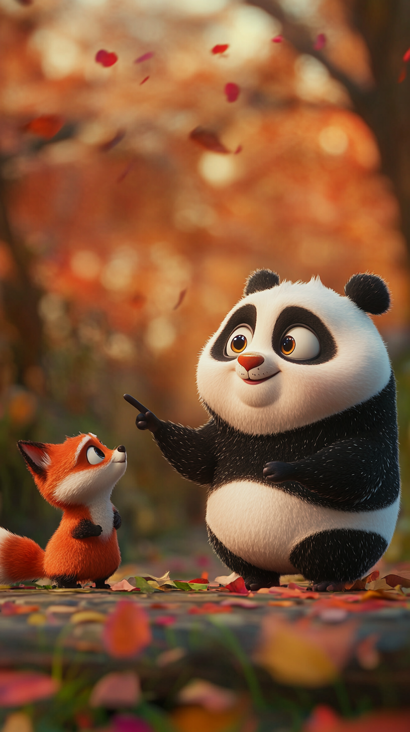 Small bird shows cute panda and fox a clue.