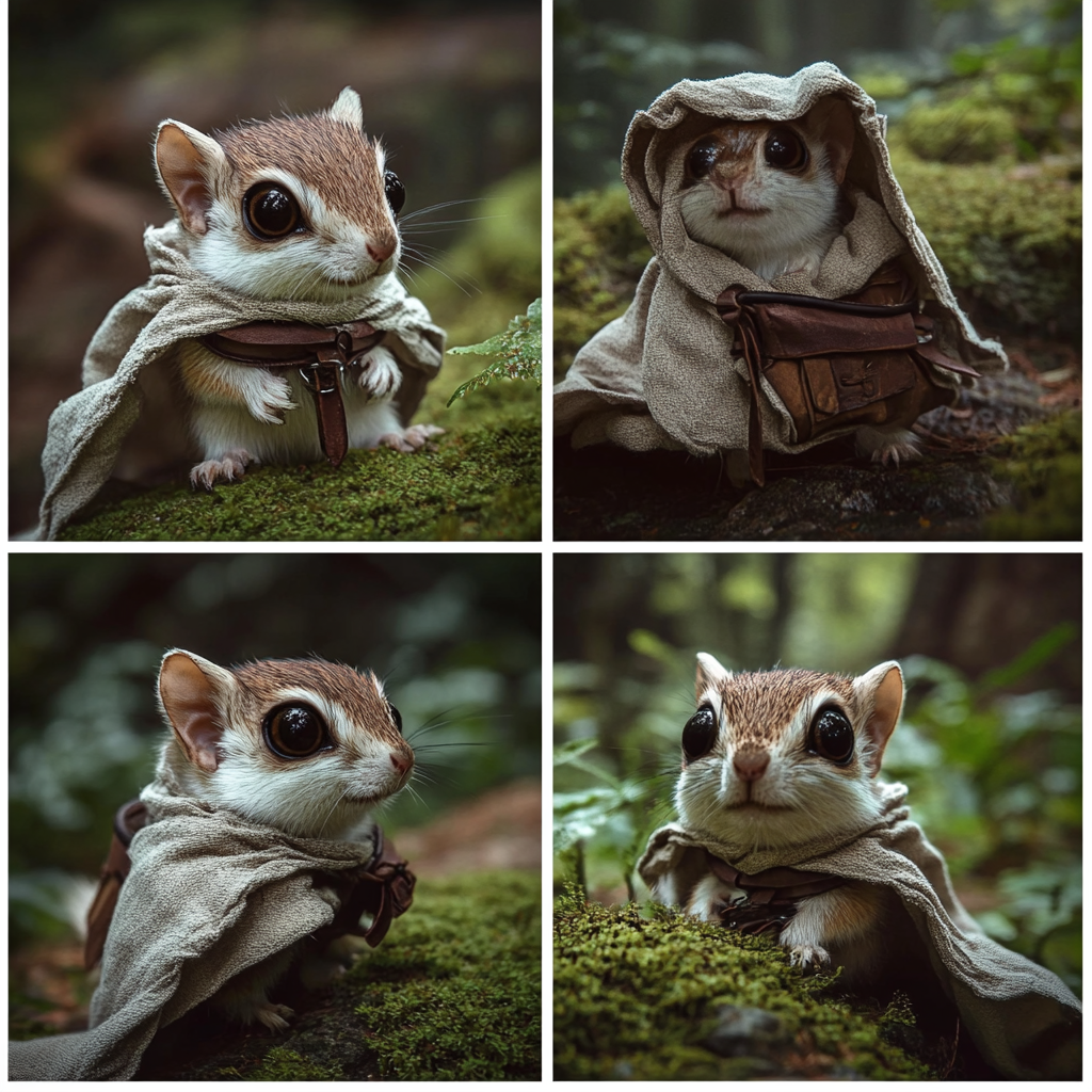 Small brown and white squirrel in forest scenes.