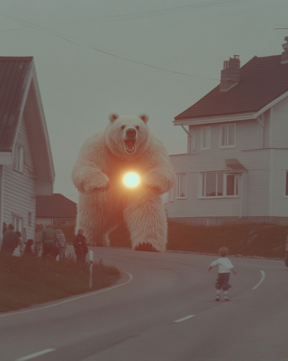 Small child fights bear, people flee, chaos captured.