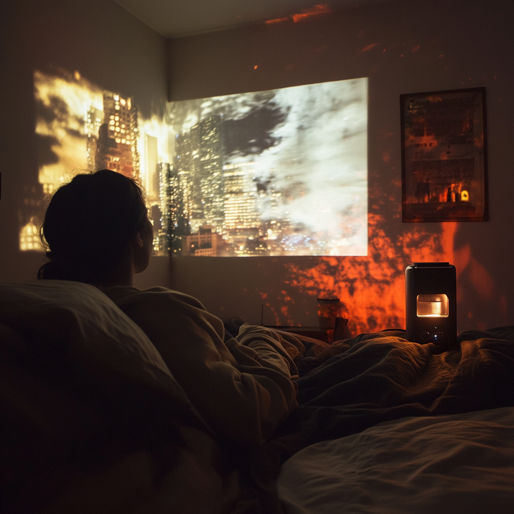 Small cylinder projector in bedroom projects dramatic movie. Person watching.