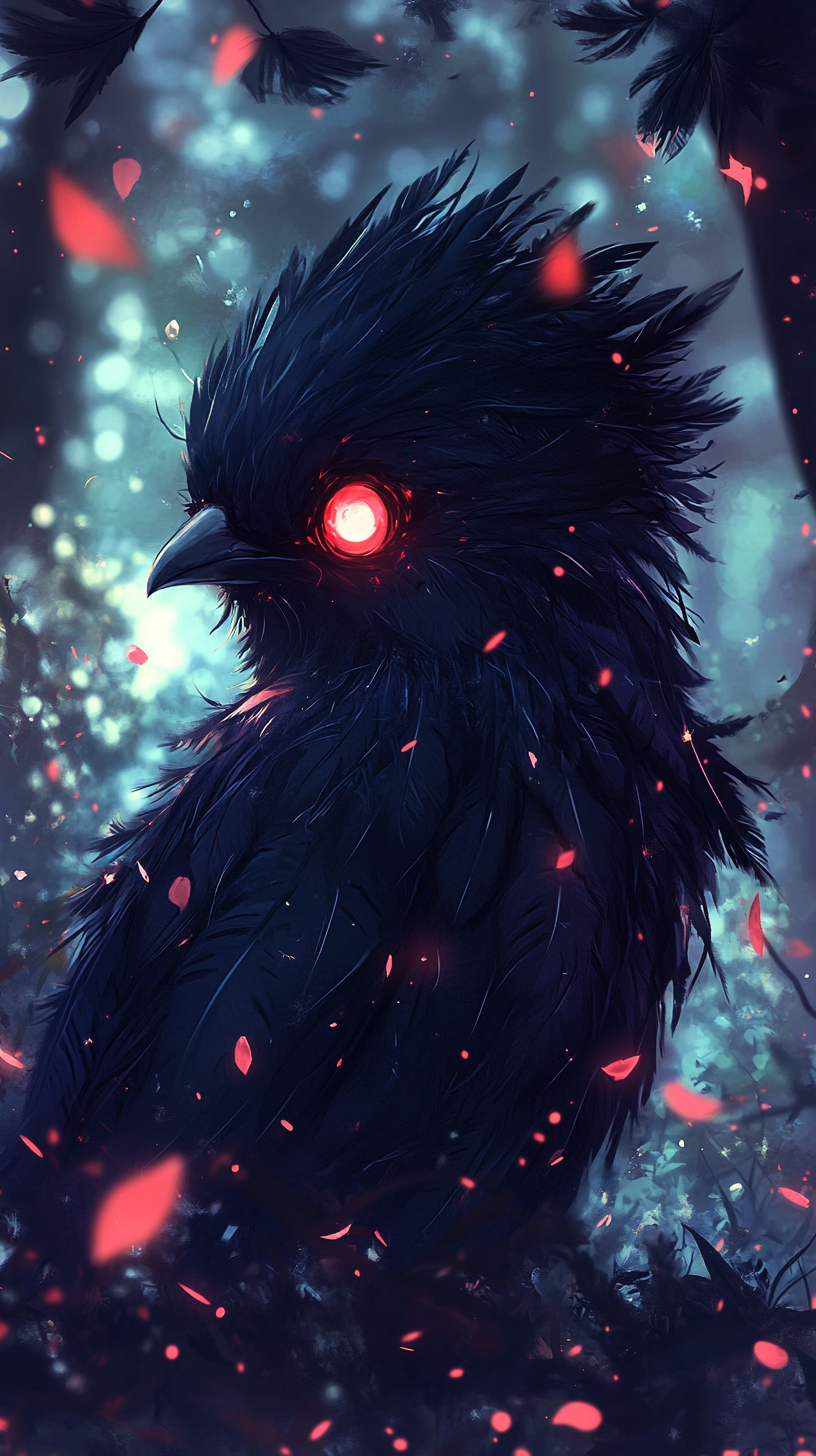 Small dark power bird with glowing red eyes, forest background.