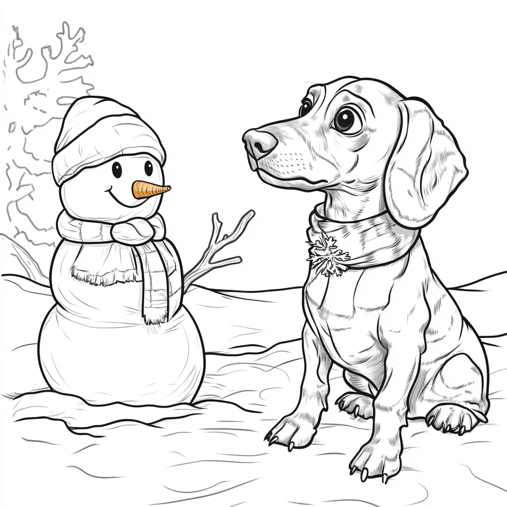 Small dog with snowman on coloring page.