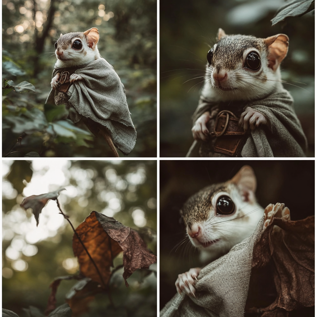 Small flying squirrel in forest wearing cloak. Moody scenes.