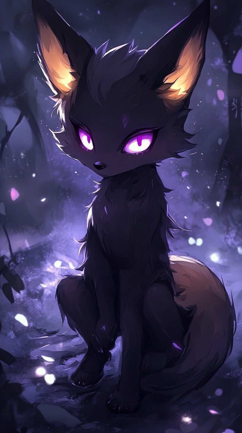 Small fox with dark powers, deep black fur, glowing purple eyes, shadowy aura, starry night background.