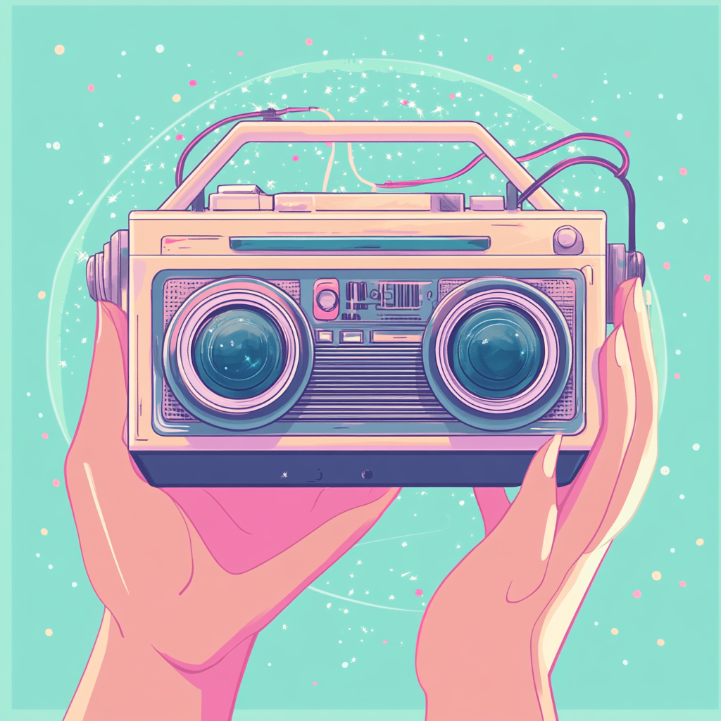 Small gem badge in boombox format, disco fantasy background.