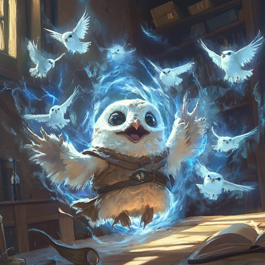 Small happy owlin wizard casting big spell, ethereal owls.