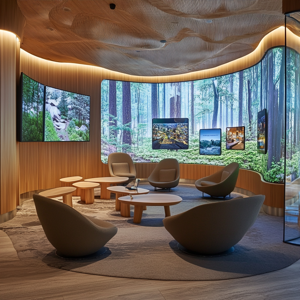 Small lounge with digital displays, Canadian nature themes.