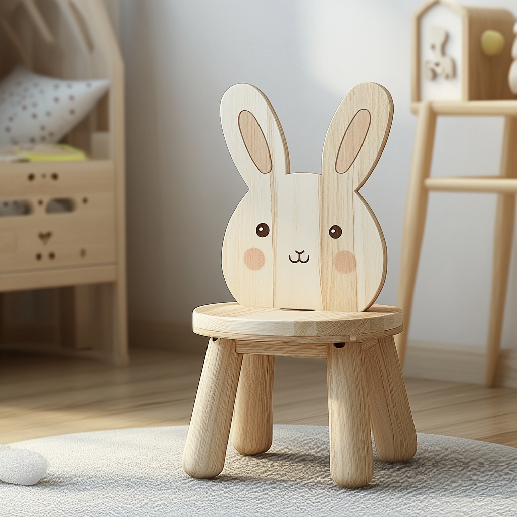 Small round rabbit stool for kids, solid wood, backrest 