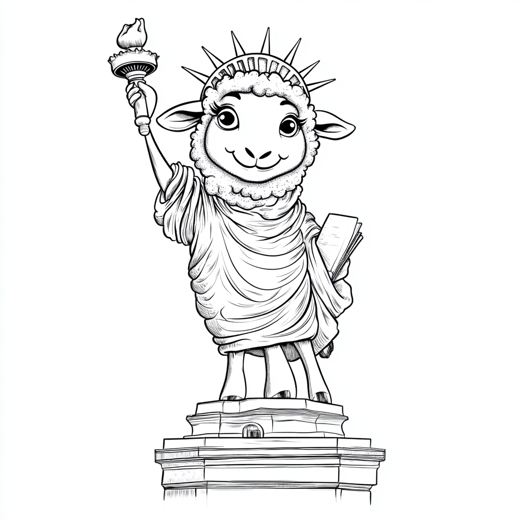 Small sheep with 4 legs smiles at liberty statue.