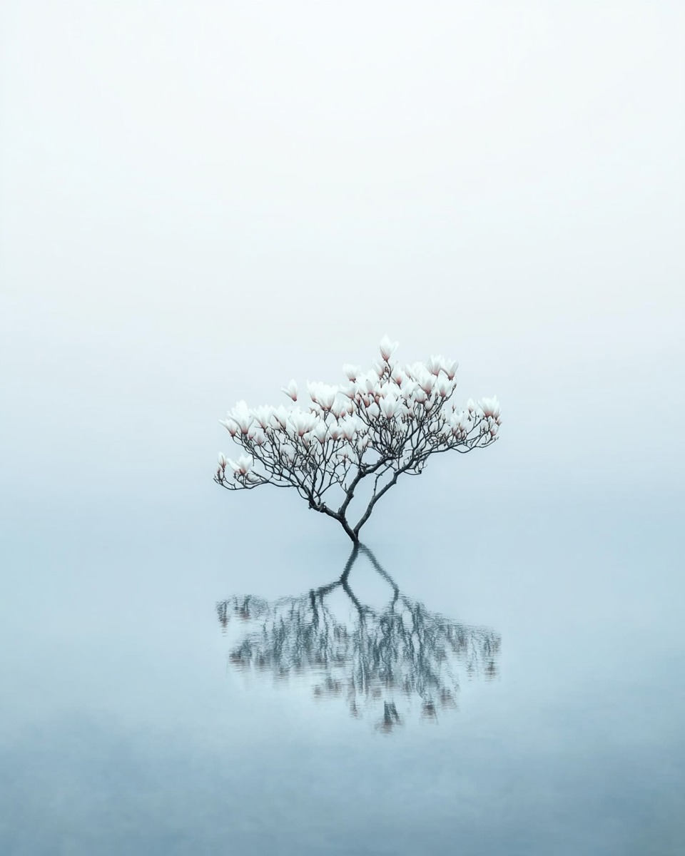 Small tree with white flowers in calm water, foggy sky.