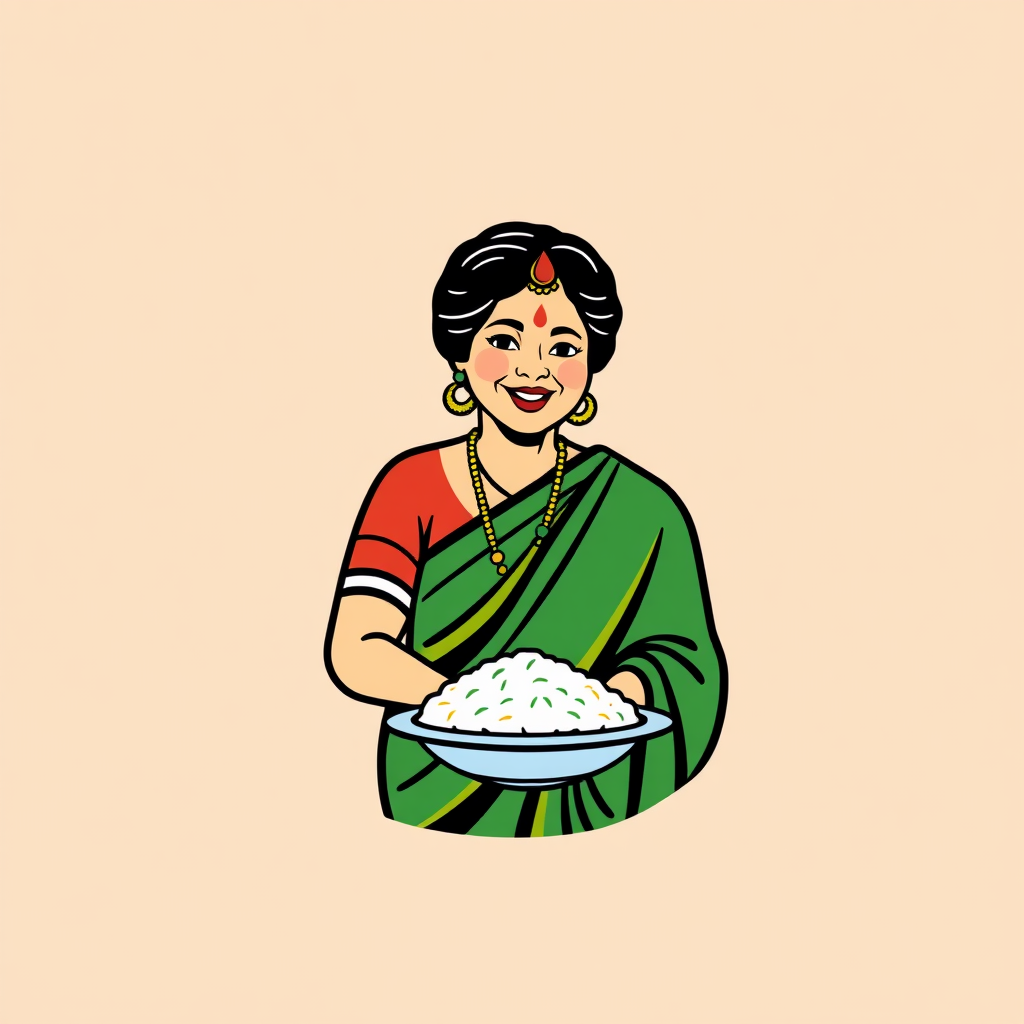 Smart South Indian Grandmother Chef with Rice Plate