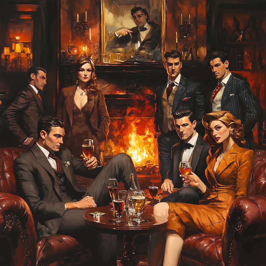 Smartly dressed men and women in cozy bar.