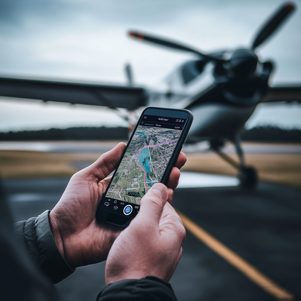 Smartphone controlling airplane through navigation app, showing flight route.